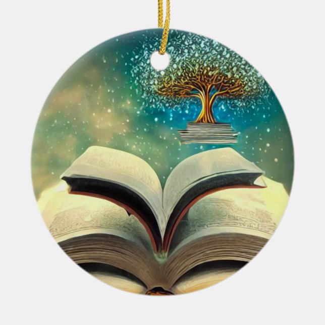 Book Stack Tree & Open Books Ceramic Ornament (Front)