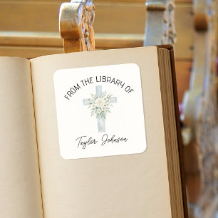 Book stickers, bookplate floral cross church