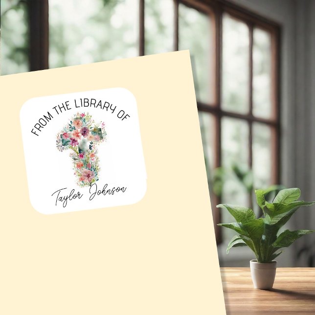 Book stickers, bookplate floral cross church (Creator Uploaded)