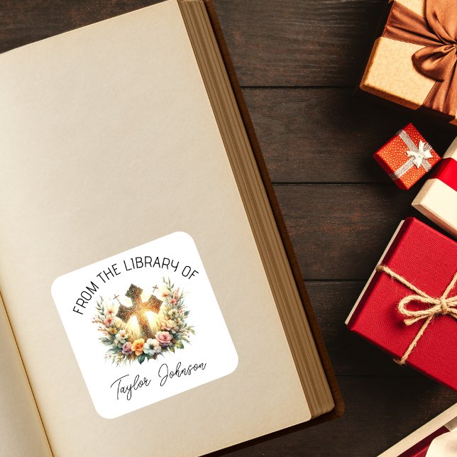 Book stickers, bookplate floral cross church (Creator Uploaded)