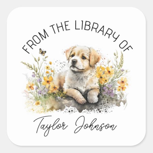 Book stickers bookplate floral dog puppy