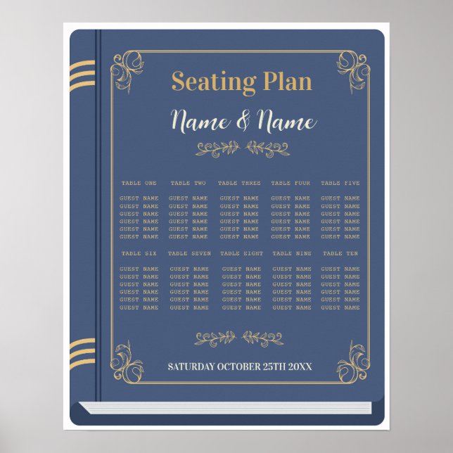 Book Table Seating Wedding Library Navy 10 Tables Poster (Front)