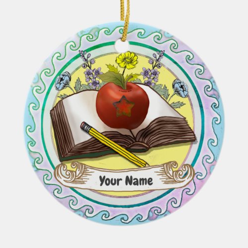 Book Teacher Flowers Ceramic Ornament