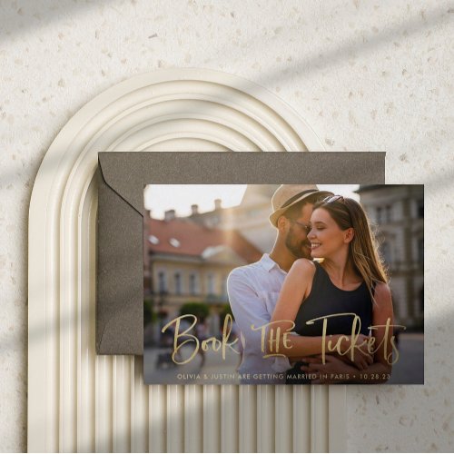 Book the Tickets Faux Gold Wedding Save the Date Announcement Postcard