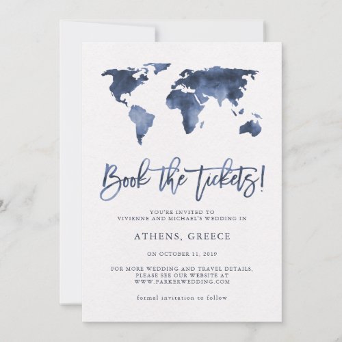Book the Tickets  World Map Blue Save the Date
