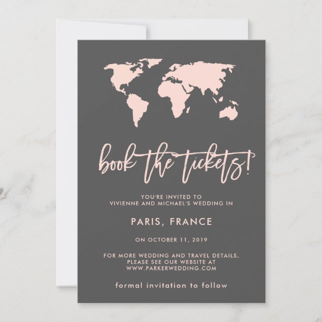 Book the Tickets | World Map Gray Save the Date (Front)