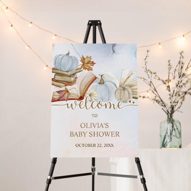Book Theme Blue Pumpkin Baby Shower Welcome Sign (In Situ (Stand))