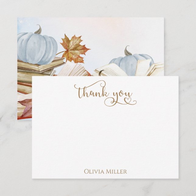 Book Theme Blue Pumpkin Fall Baby Shower Thank You Card (Front/Back)