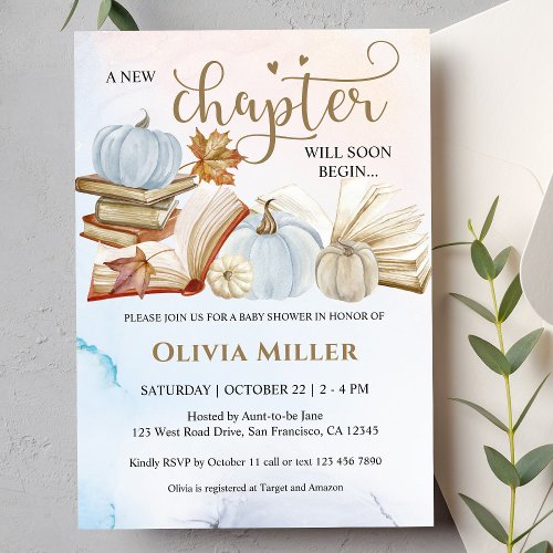 Book Theme Fall Blue Pumpkin Baby Shower Invitation