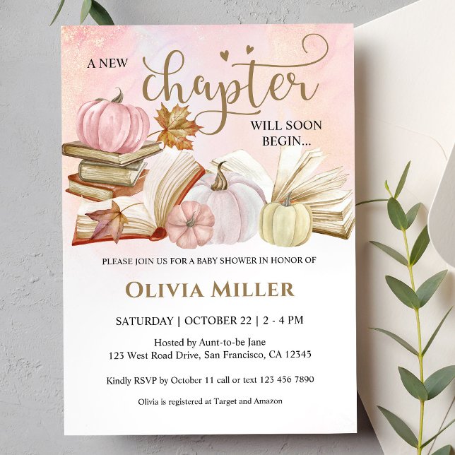 Book Theme Fall Pink Pumpkin Baby Shower Invitation (Creator Uploaded)