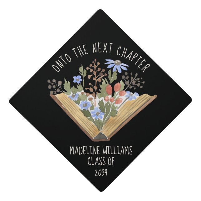 Book Theme Floral Graduation Cap Topper (Front)