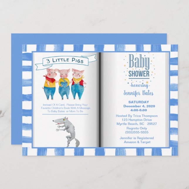 Book Theme Three Little Pigs Blue  Baby Shower     Invitation (Front/Back)