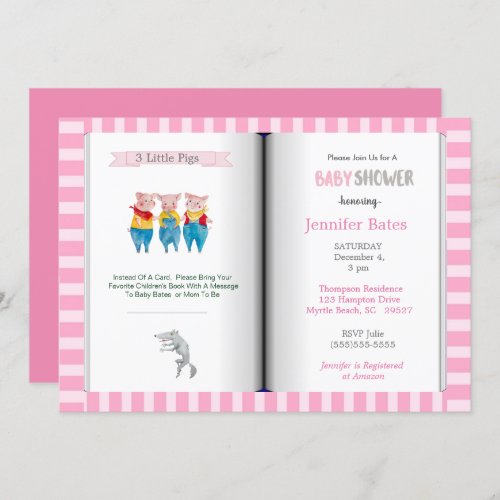 Book Theme Three Little Pigs  Pink Baby Shower   Invitation