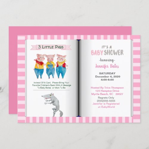 Book Theme Three Little Pigs  Pink Baby Shower   Invitation