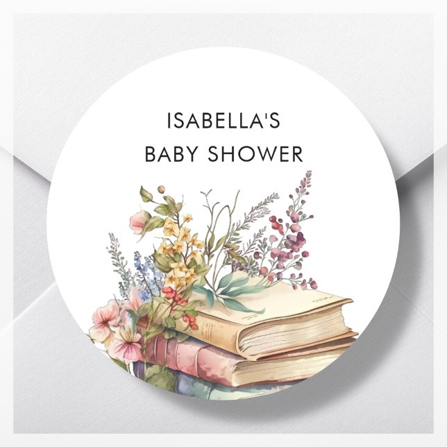 Book Themed Baby Shower Favor Classic Round Sticker (Creator Uploaded)