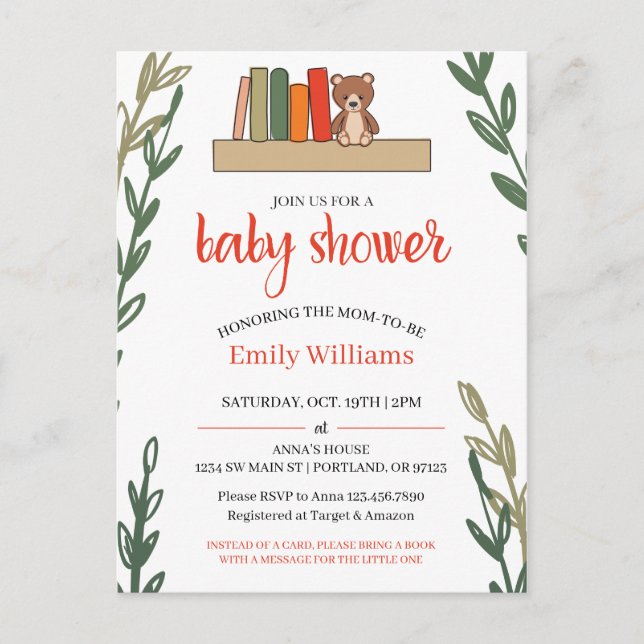 Book Themed Baby Shower Postcard Invitation (Front)
