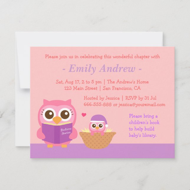 Book Themed, Owl Baby Girl Shower Invitations (Front)