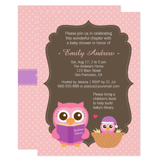 Book Themed, Pink Cute Owl Baby Shower Invitations