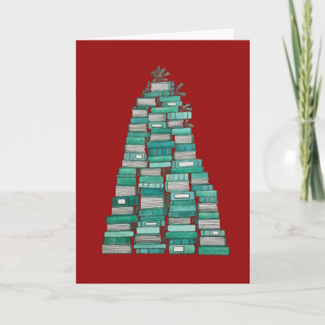 Book Tree Christmas Card: Red Background Holiday Card (Front)