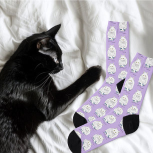 Book White Cat Purple Funny Socks