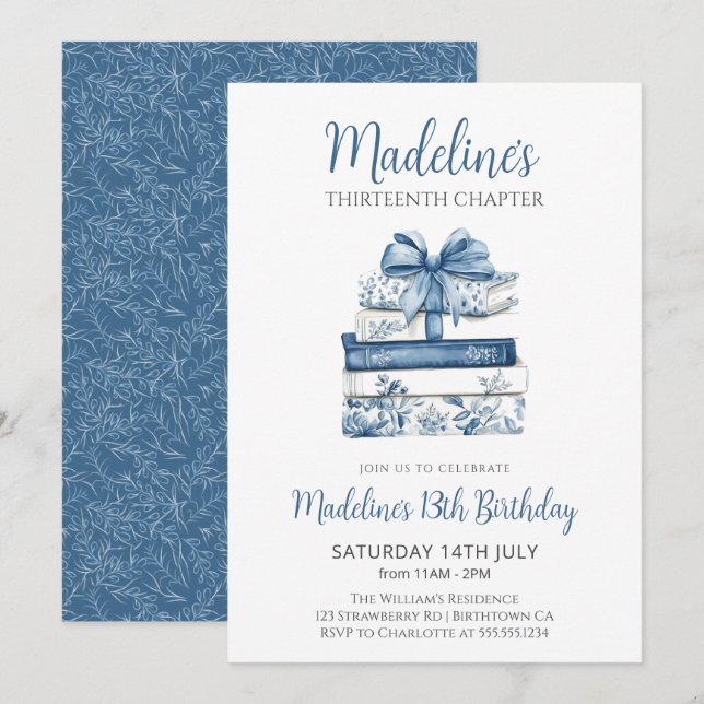 Book with blue bow Girl Birthday Invitation (Front/Back)