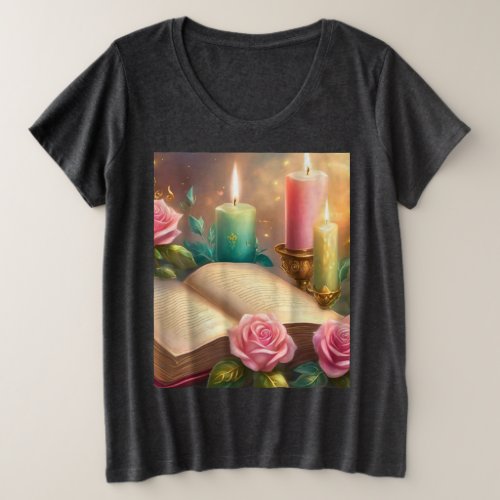 Book with Candles and Pink Roses Plus Size T_Shirt