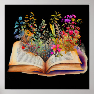 Book with Flowers, Book Lover Gift Poster