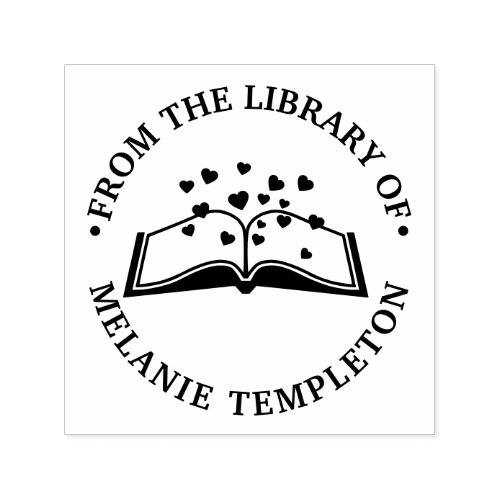Book with Hearts 1A âœFrom the library ofâ Round Self_inking Stamp