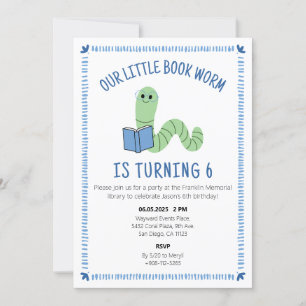 Book Worm Reading Lover Birthday Party Invite