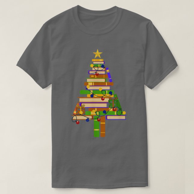 Book Xmas Tree Light Reading Books Librarian Famil T-Shirt (Design Front)