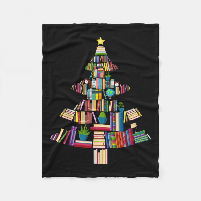 Book Xmas Tree Lights Book Lover Librarian Teacher Fleece Blanket (Front)