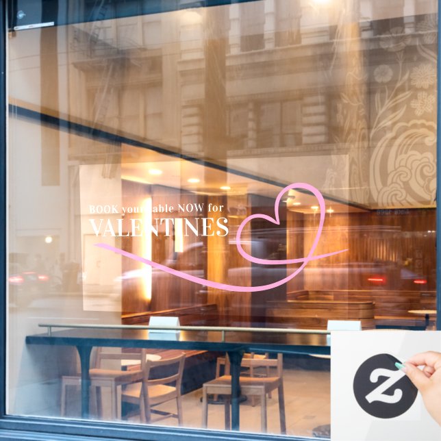 Book your table valentines pink heart custom text window cling (Cafe Window)