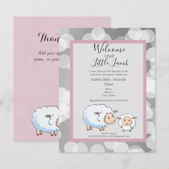 Bookah Pink, Gray Lamb Baby Girl Shower Supplies Invitation (Front/Back)
