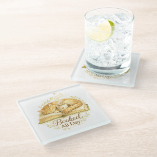 Booked All Day Cozy Cat Reading Watercolor Glass Coaster