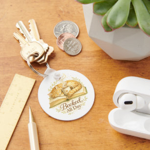 Booked All Day   Cozy Cat Reading Watercolor  Keychain