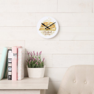 Booked All Day   Cozy Cat Reading Watercolor  Round Clock