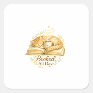 Booked All Day Cozy Cat Reading Watercolor Square Sticker