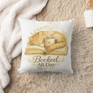Booked All Day Cozy Cat Reading Watercolor Throw Pillow