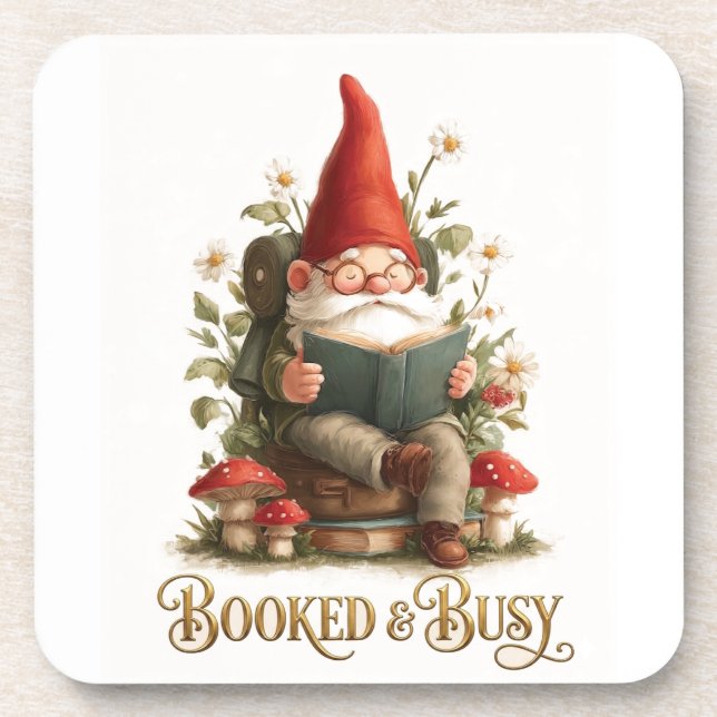 Booked and Busy Reading Gnome Beverage Coaster (Front)