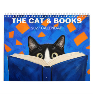 Bookish Black Cat with Blue Book 2027 Calendar