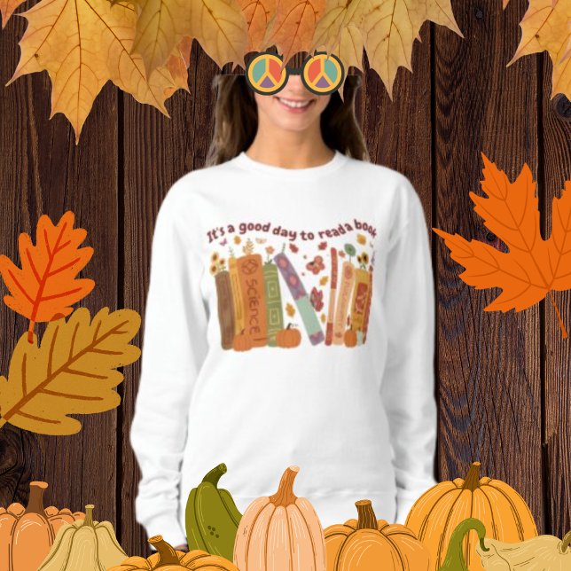 Bookish book Lovers, OrangePumpkin and Fall Leaves Sweatshirt (Bookish book Lovers Shirt; Women's Basic Sweatshirt Wight color, cute orange pumpkin, fall/autumn, )