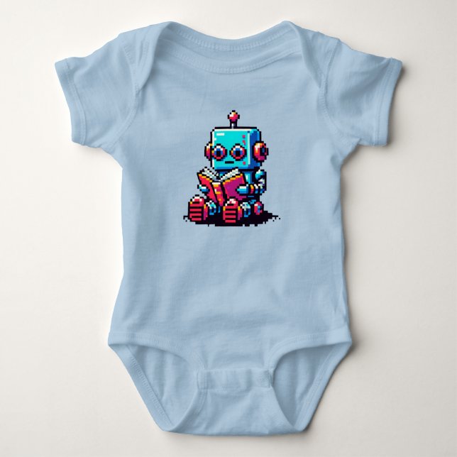 Bookish Bot: Quirky 8-Bit Robot Reading a Book Baby Bodysuit (Front)
