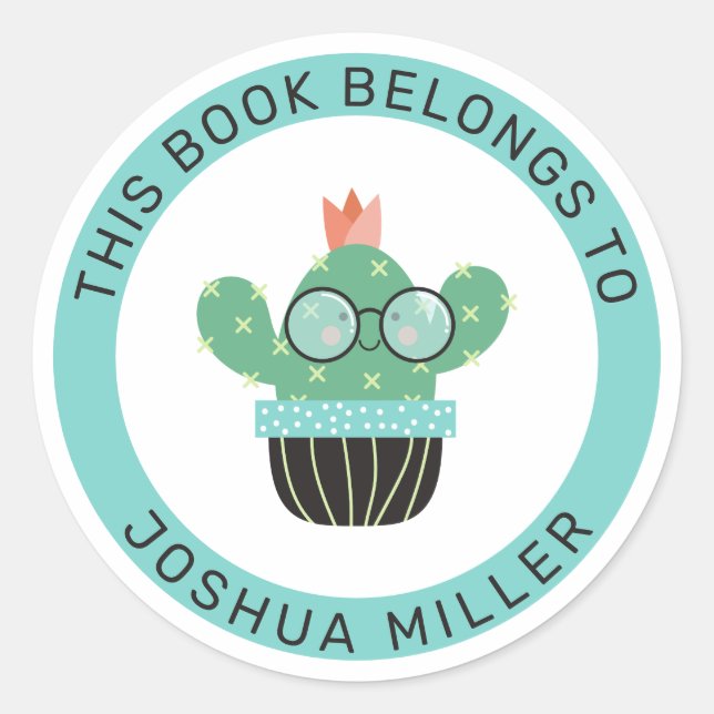 Bookish Cactus This Book Belongs To Classic Round Sticker (Front)