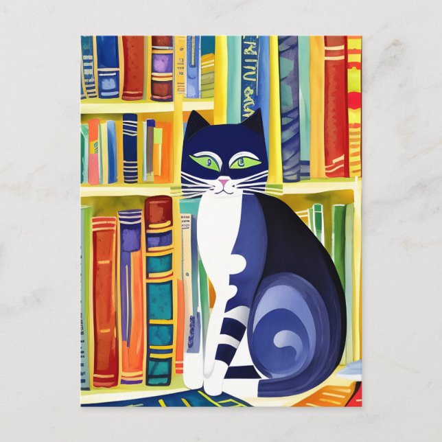 Bookish Cat Aesthetic - Cat On A Bookshelf Postcard (Front)