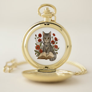 Bookish Cat – Cute Reading Cat With Poppies for Bo Pocket Watch