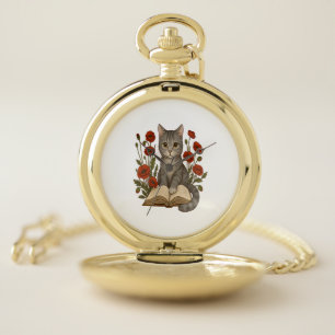 Bookish Cat – Cute Reading Cat With Poppies for Bo Pocket Watch