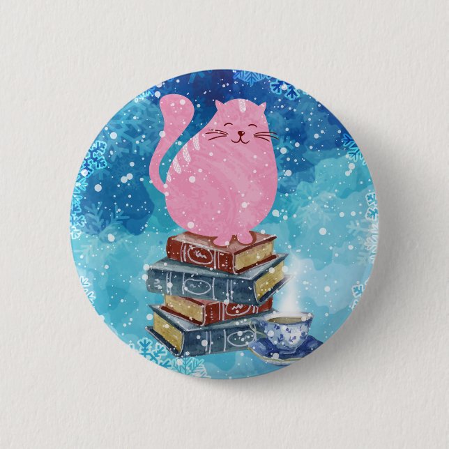 Bookish Cat in Winter Pinback Button (Front)