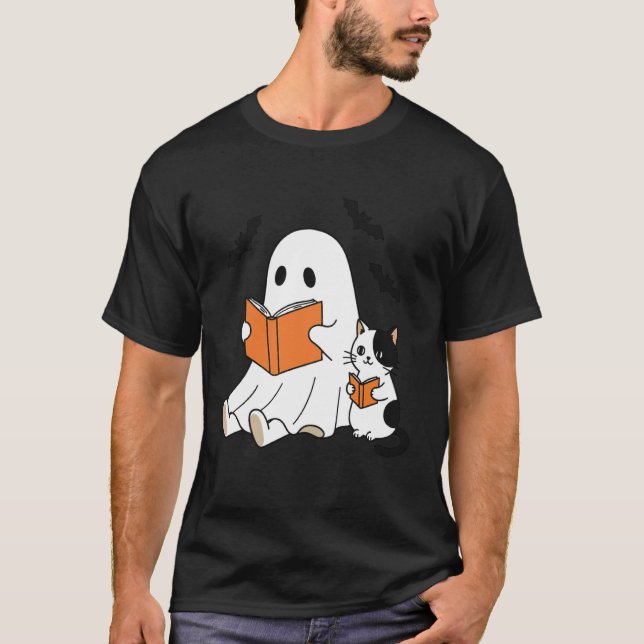 Bookish Ghost Reading with Cat Book Lover Hallowee T-Shirt (Front)