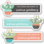 Bookish Green Cacti Book Label<br><div class="desc">Three cute bookplate stickers featuring potted cacti wearing glasses. The first cactus is green and sitting in a terracotta pot where you add your name to a black label in a modern font. The second label is turquoise with an olive green cactus in a black pot. The third label, which...</div>