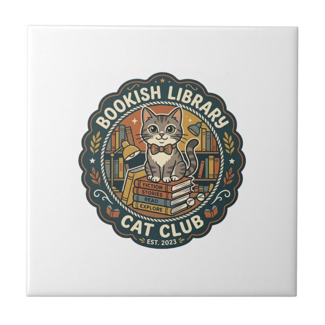 Bookish Library Cat POD Vector Art - Bookish Libra Ceramic Tile (Front)